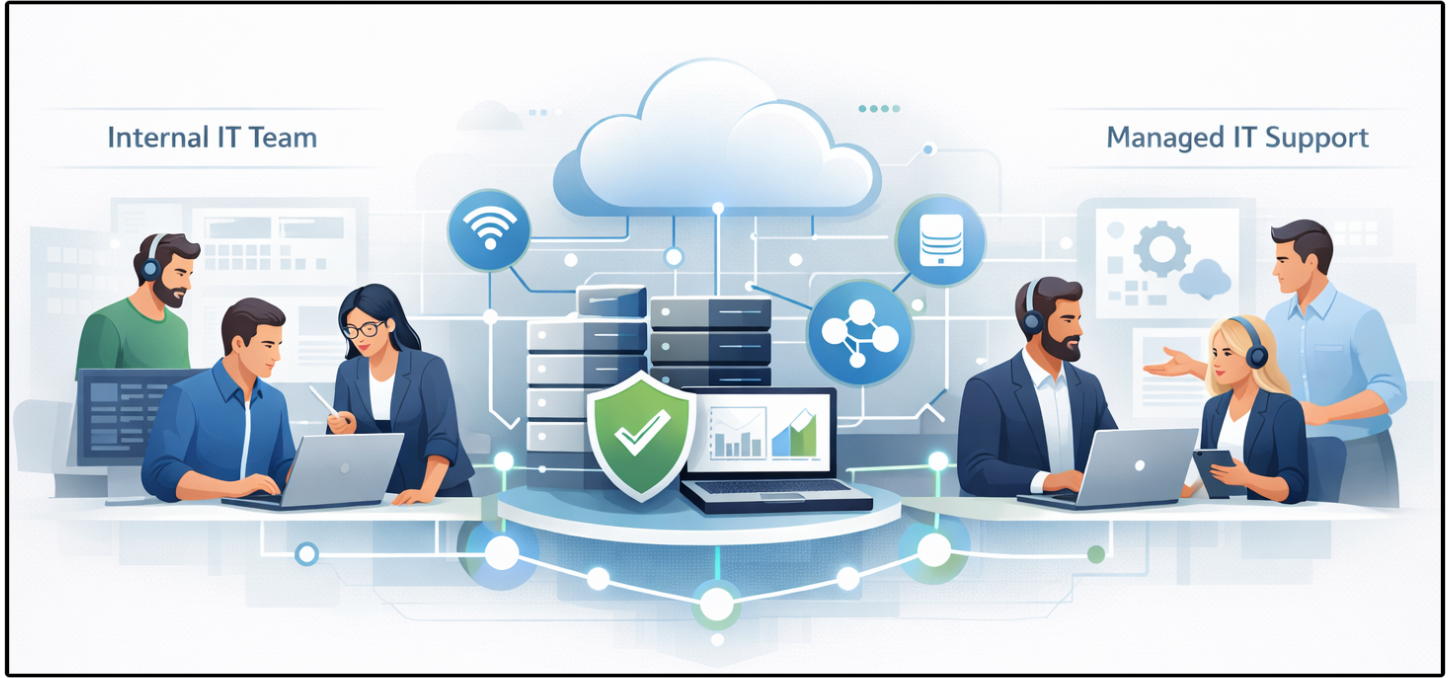 Co-managed IT services illustration showing internal IT team and managed IT provider supporting shared business technology environment